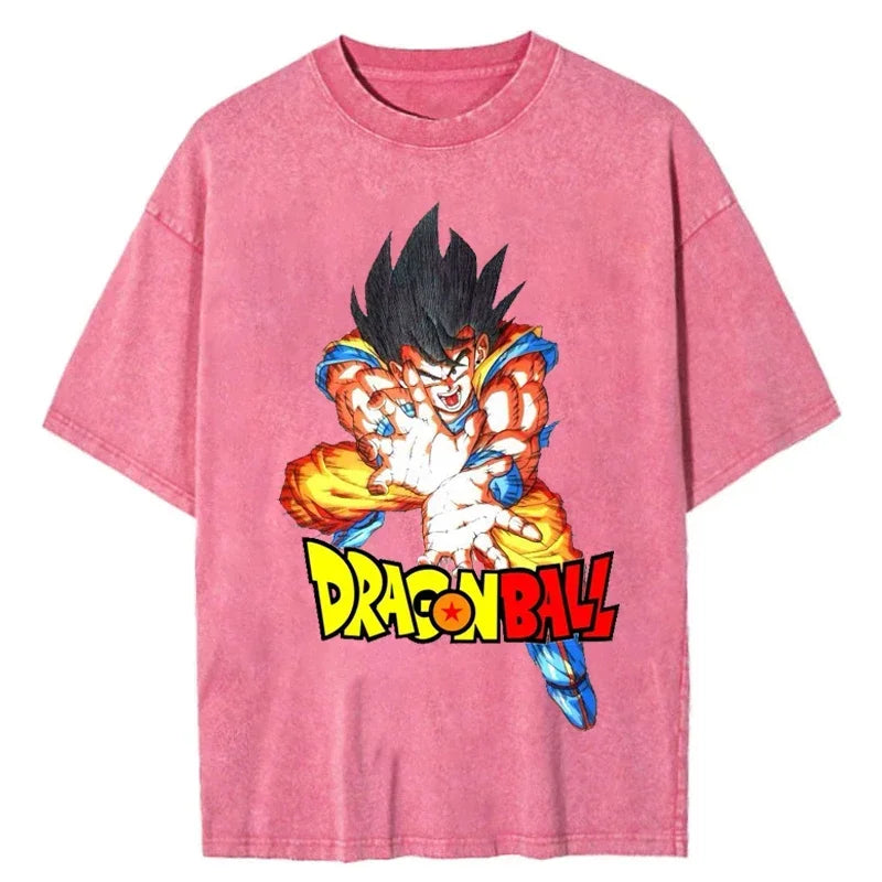 Men Oversized Vintage T Shirt Dragon Ball Washed Cotton Pink Top