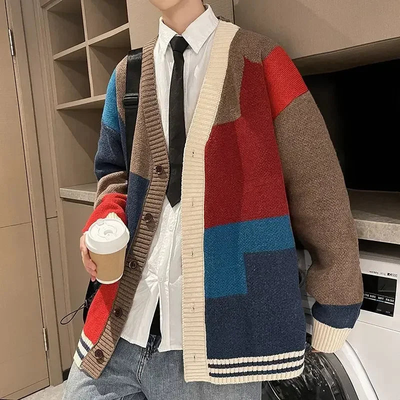V Neck Cardigan Graphic Hippie Knitted Sweaters for Men Harajuku Fun Large Size