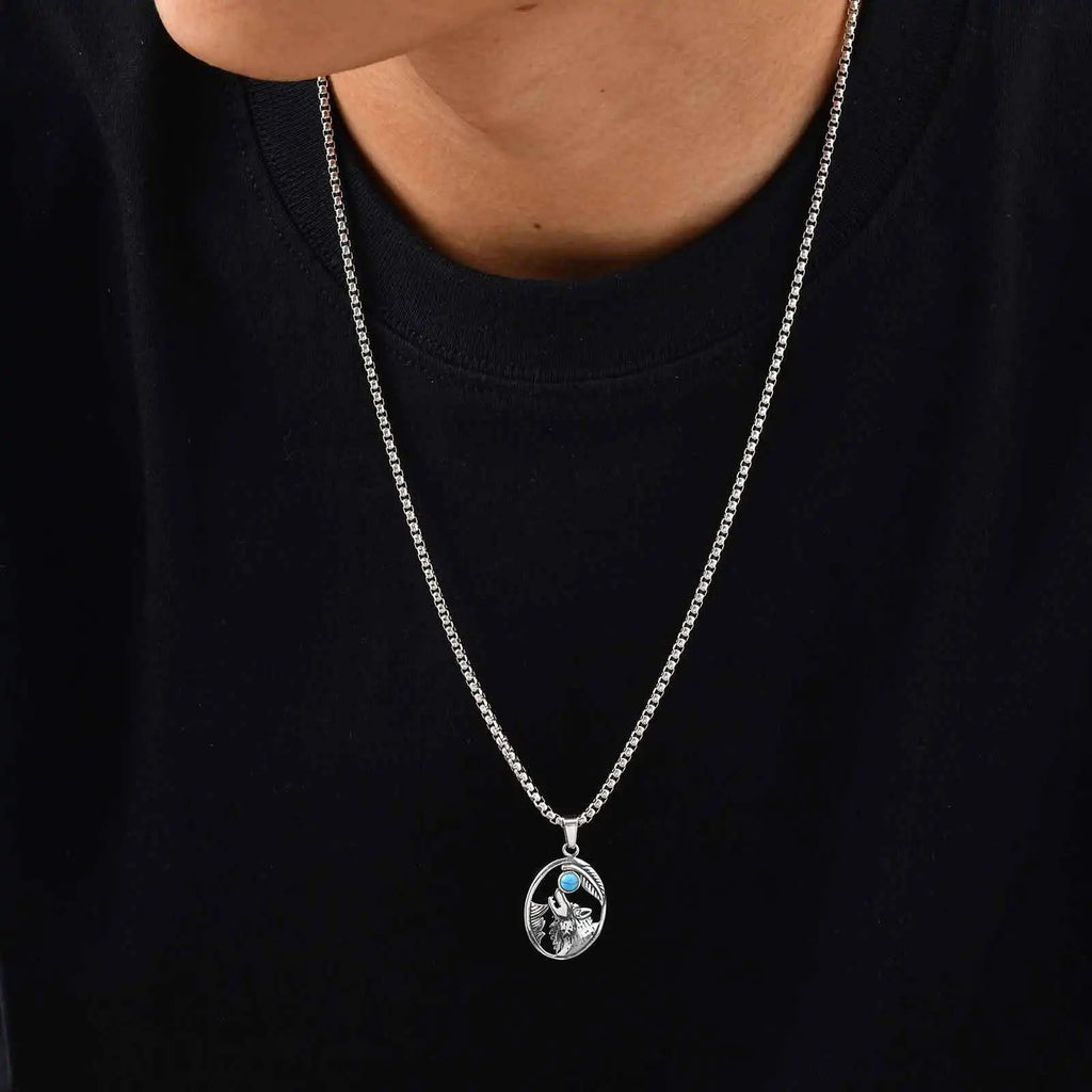 Wolf Head Oval Men's Sliver Stainless Steel Pendant with Turquoise Stone