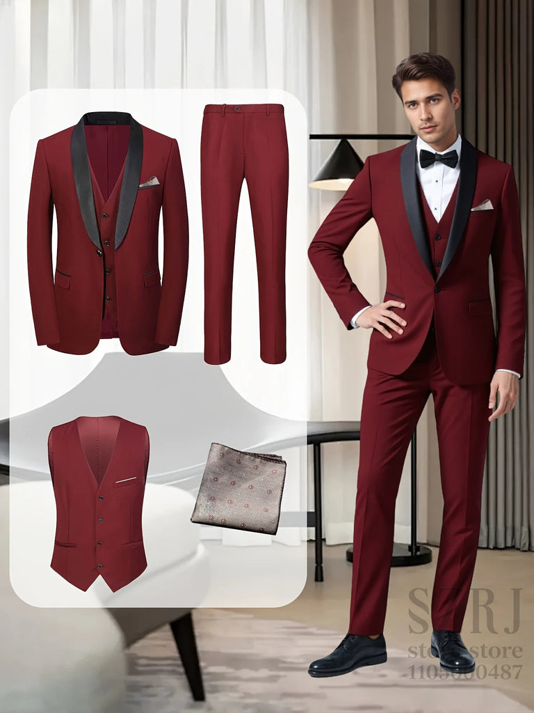Men's 4pcs Tuxedo Suit: Jacket, Vest, Dress Pants &Pocket Square