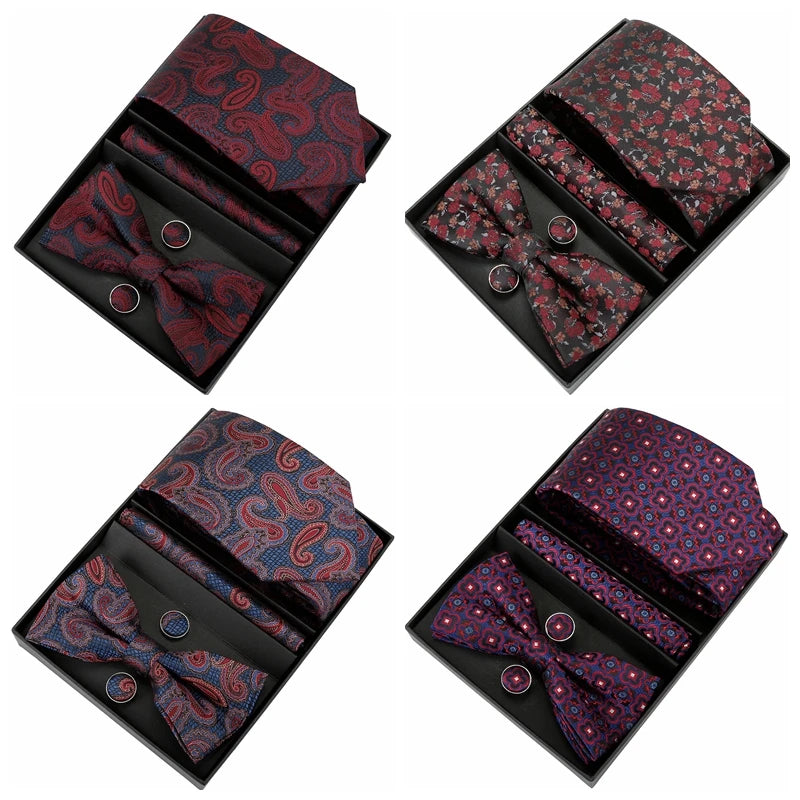 Silk Tie For Men Bowtie Pocket Square Cufflinks Set