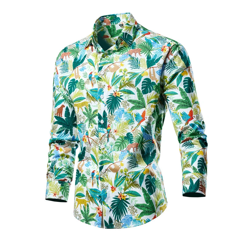 High-quality Men's Cotton Thin Slim Luxury Long Sleeve Hawaiian Shirt Lapels