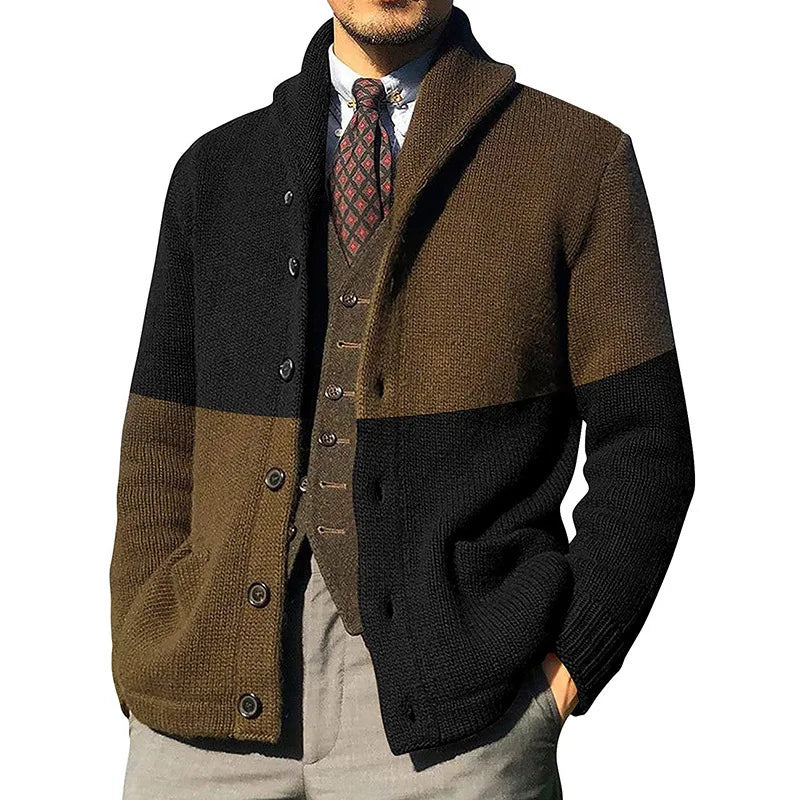 Men's Color Block Knit Cardigan, Button Front Open Sweater, Loose Fit Casual No Hood