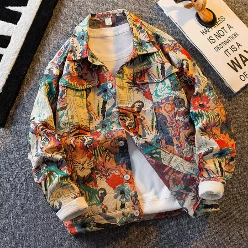 Tiger Jacquard Denim Men's Korean Style Trendy Casual Jacket Aesthetic