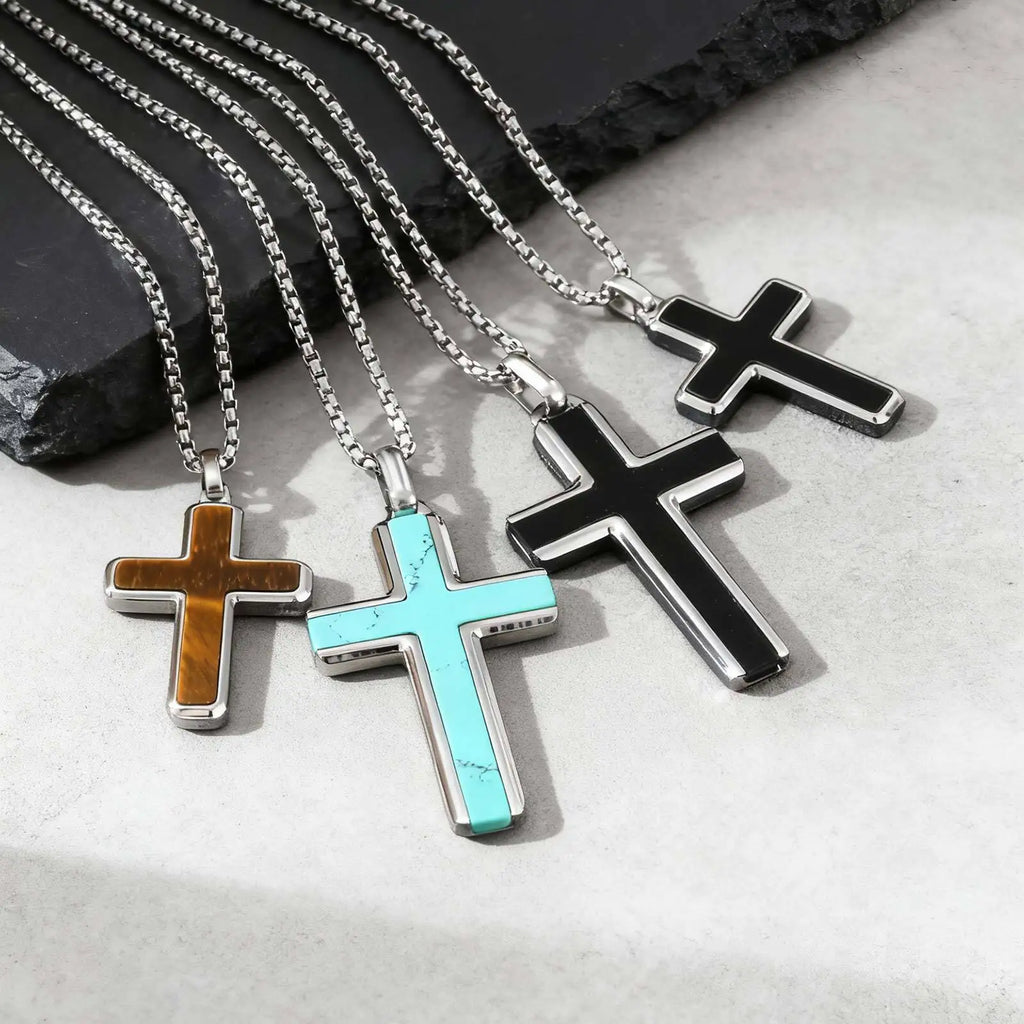 Stylish Men's Natural Onyx Necklace Waterproof Stainless Steel Cross Pendant