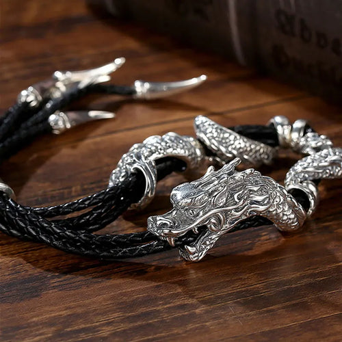 S925 Sterling Silver Vintage Dragon Entangle Leather Rope Exquisite Jewelry Men's Bracelet