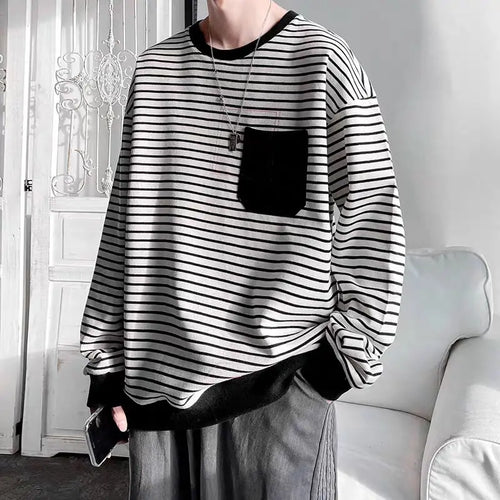 Men Striped Streetwear Oversize T-shirt Japanese Style Long Sleeve Cotton Tops