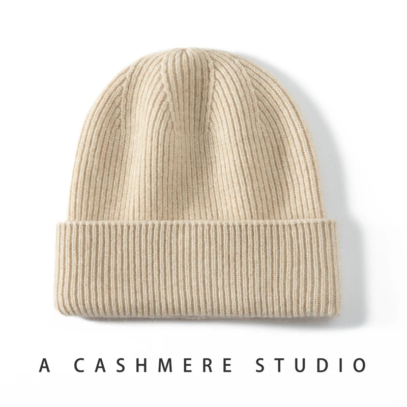High Quality 100% Cashmere Knitted Casual Beanie Hat Soft Warm Caps