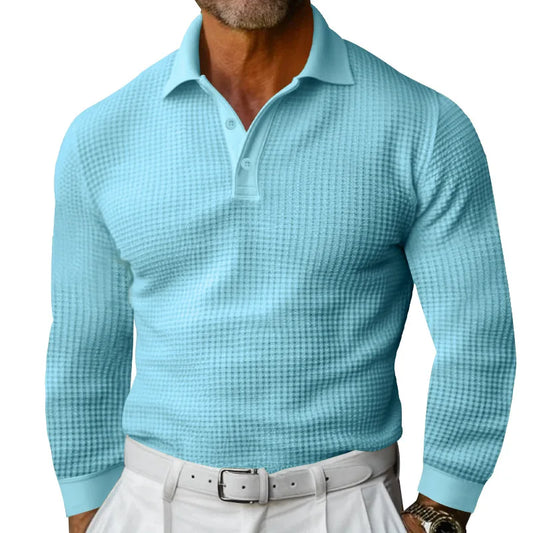Men's Spring Leisure Polo Shirt Solid Color Breathable Waffle Long Sleeve  Lapel Collar