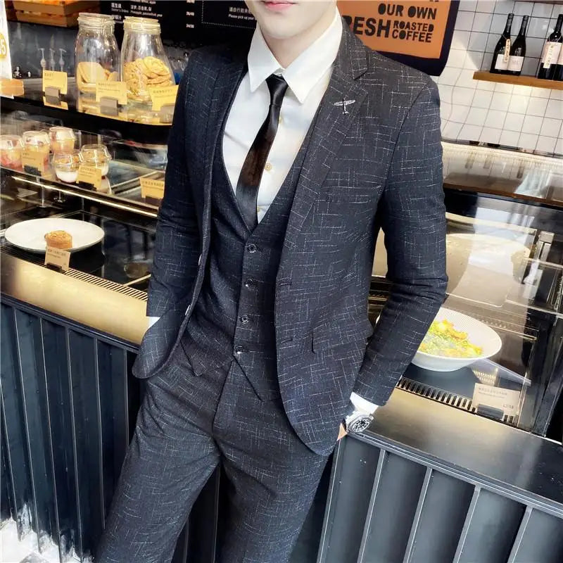 Men's British Three-piece Set Slim Fit Suit Vest Trousers Ensemble Handsome All-in-one
