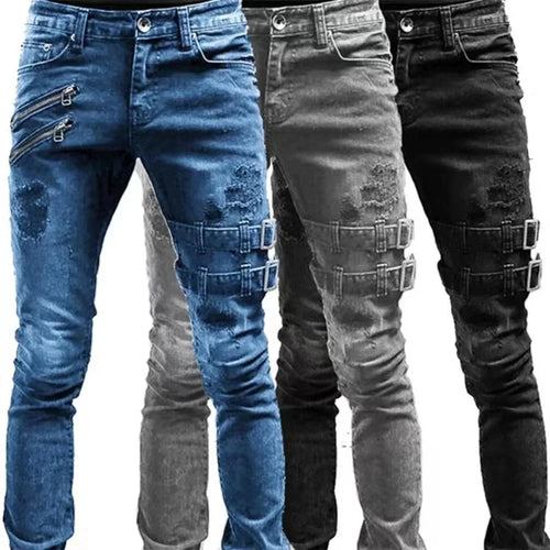 Retro thigh double zipper straight leg jeans men's street wear tight denim pants