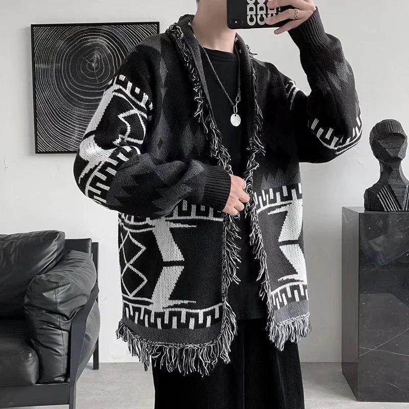 Men's Printed Tassel Knit Cardigan American Vintage HK Style Loose Casual Thin Woolen Sweater