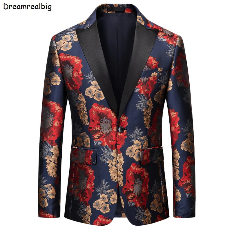 Peak Lapel Men Floral Suit Jacket Single Button Dress Coat