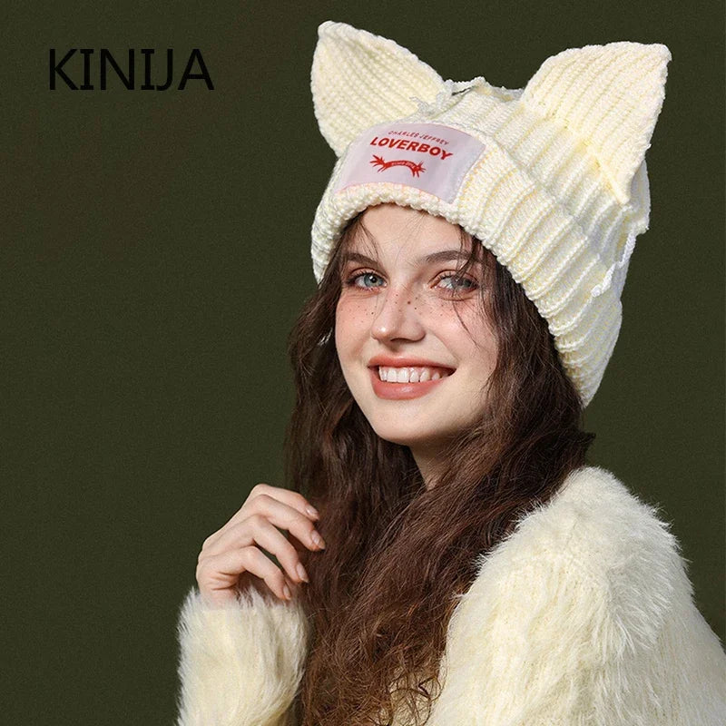 Winter Skullies Hat Unisex Cat Ear Warm Crochet Knitted Beanie