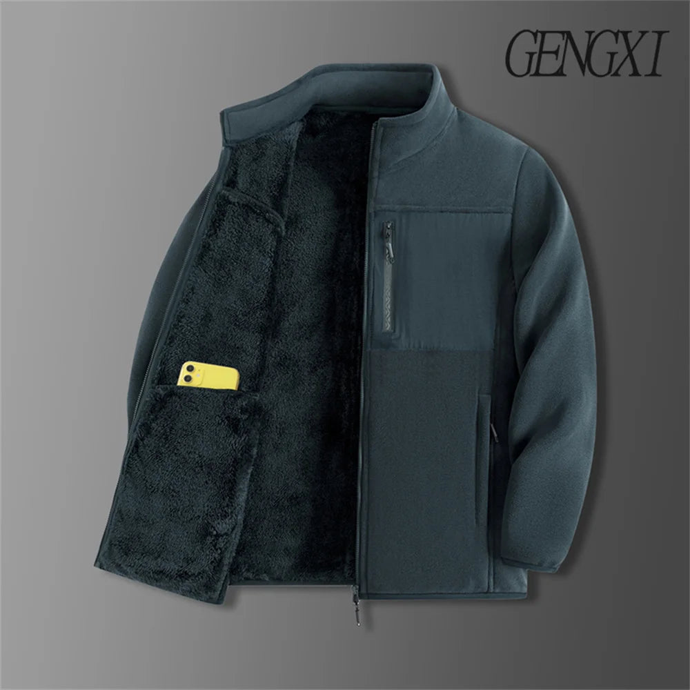 Thickened Thermal Basic Fleece Stand Collar Patchwork Design  Jacket