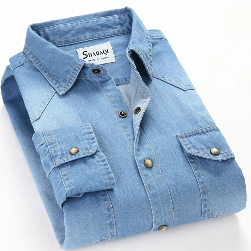 Double pocket button 100% cotton denim high quality men's long-sleeved shirt