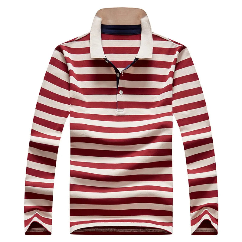 Men Cotton Long Sleeve Stripe Embroidery Casual Polo Shirt