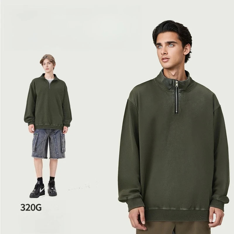 Inspired Streetwear Cotton Vintage Washed Half - Zip Stand Collar Unisex Sweatshirt