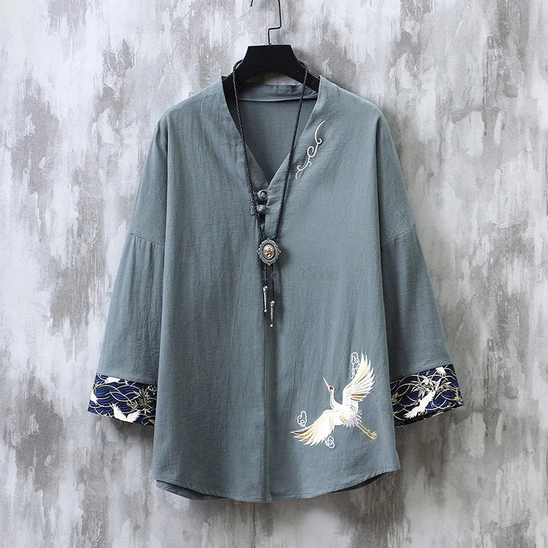 Chinese style short sleeved shirt men loose wushu retro elegant embroidery cotton linen top