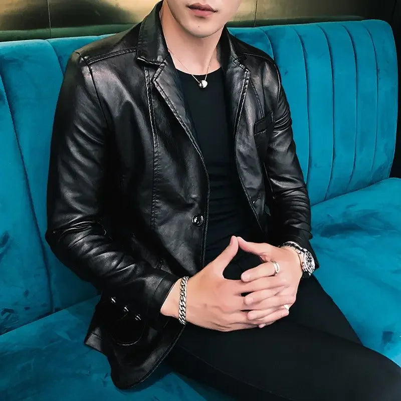 Korean Style Leather Blazer Single Breasted Men's Suit Designer Jackets