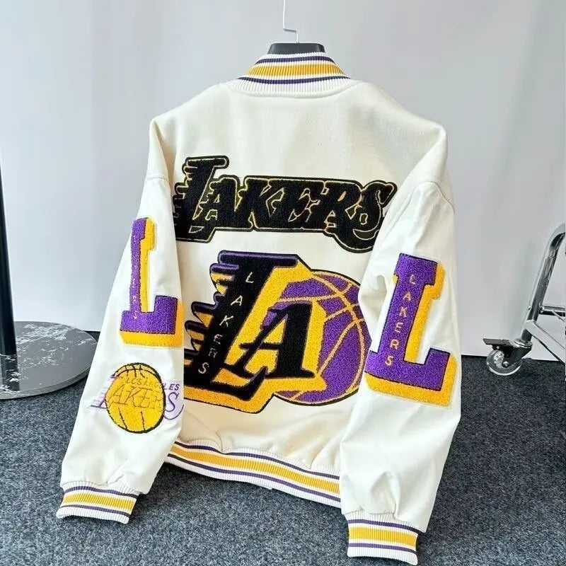Men's LA Lakers print Jacket Loose Fit Patchwork Casual Jacket