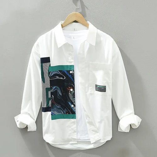 Men's Spliced Square Collar Button Printed Loose Minimalist Long Sleeve Shirts