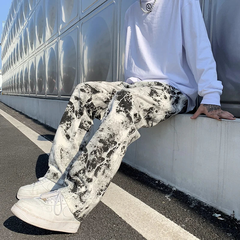 Men's Fashion Printed jeans Korean Style High Street Loose Hip Hop Wide-leg Pants