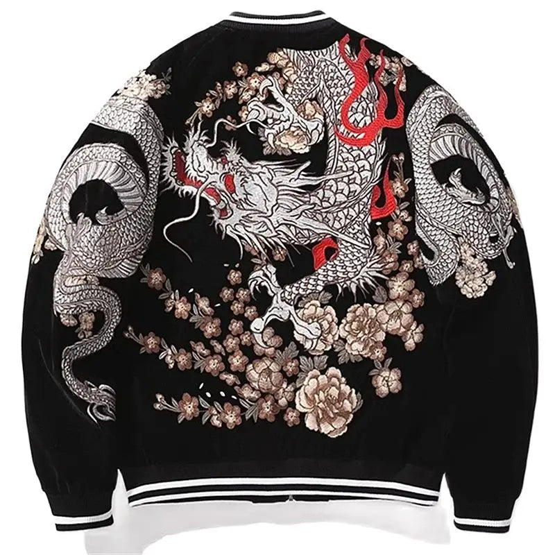 Men Sukajan  Jackets Coiled Dragon Peony Embroidered Loose Streetwear