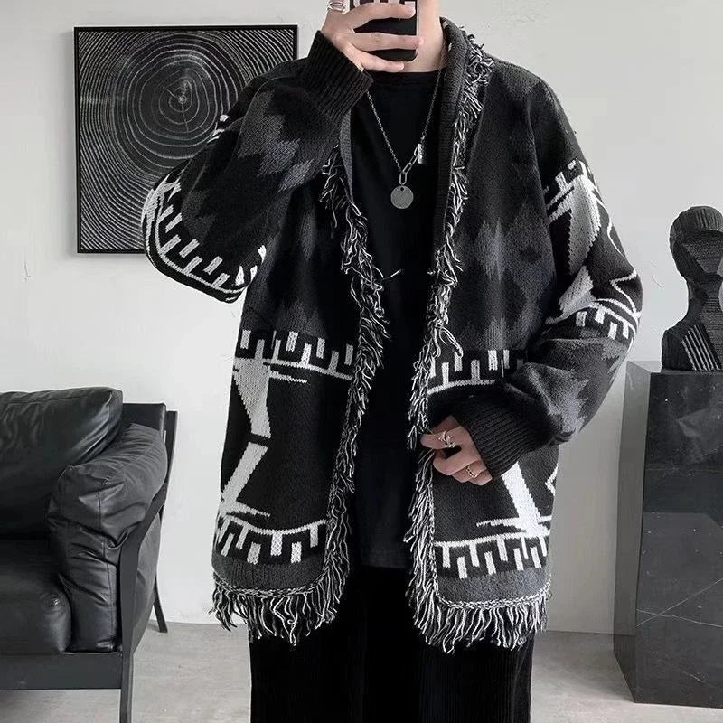 Men's Printed Tassel Knit Cardigan American Vintage HK Style Loose Casual Thin Woolen Sweater