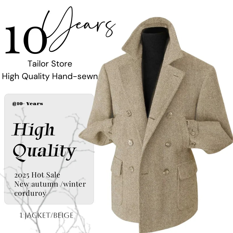 Men's Vintage Herringbone Tweed Blazer British Double Breasted Lightweight Coat