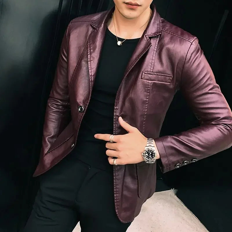 Korean Style Leather Blazer Single Breasted Men's Suit Designer Jackets
