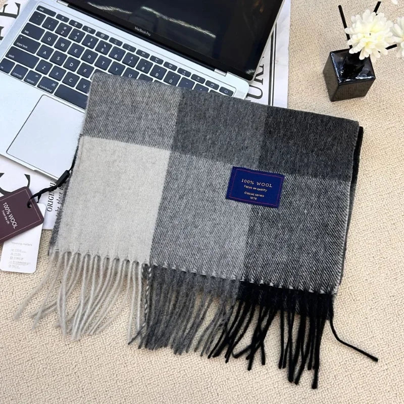 Men 100% Wool Plaid Muffler Cashmere Windproof Stripe Tassel Shaw Thick Scarf