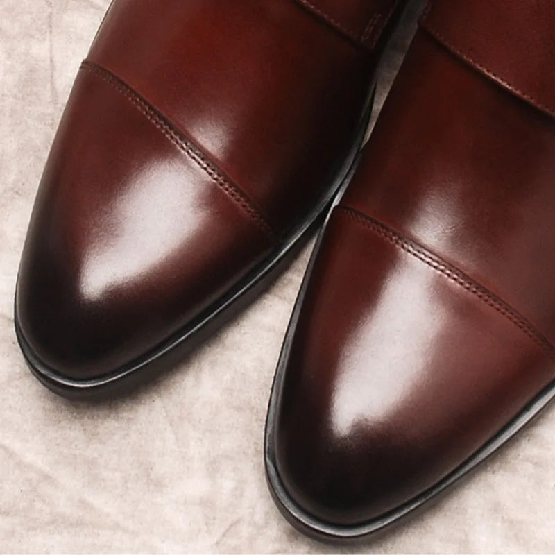 Luxury Men Slip On Double Monk Strap Dress Genuine Leather Shoes