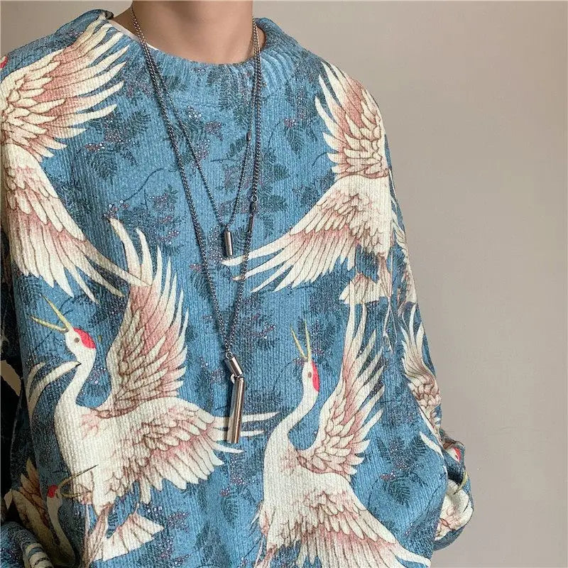 Round Neck Long Sleeve Printing Pullovers Men's Loose  Simplicity Knitting Korean Tops