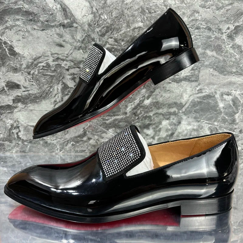 Men's Black Patent Leather Luxury Rhinestone Loafers Handmade Dress Shoes
