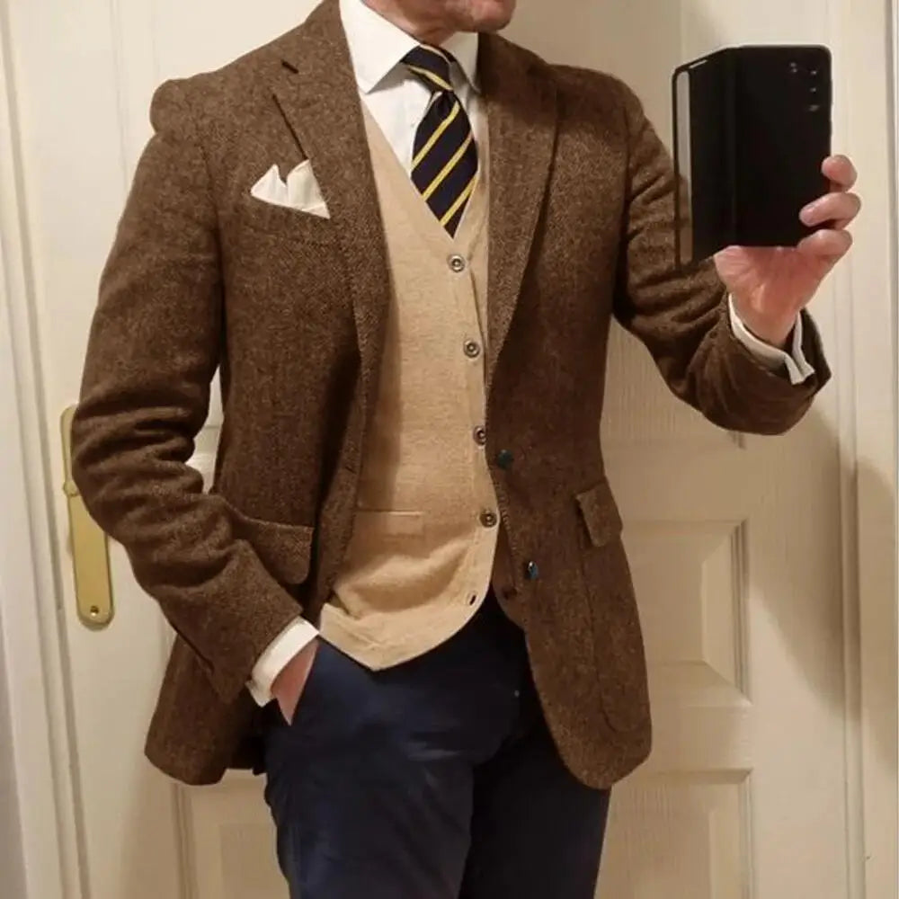 Men's Herringbone Blazer Single Breasted Elegant Suit Jackets