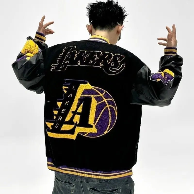 Men's LA Lakers print Jacket Loose Fit Patchwork Casual Jacket