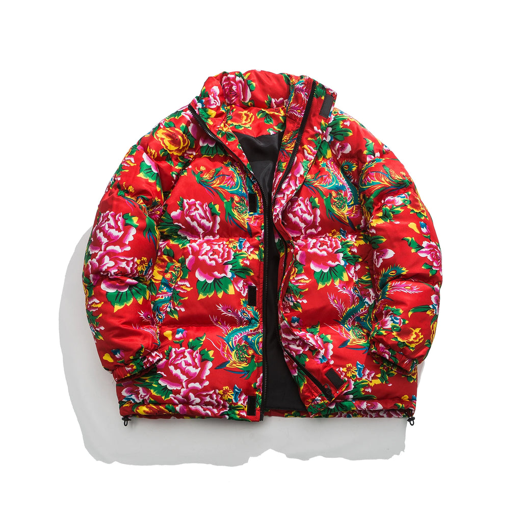 Winter Puffer Jacket Chic Flower Print Zipper Vintage Men's Chinese Patter Short Parkas