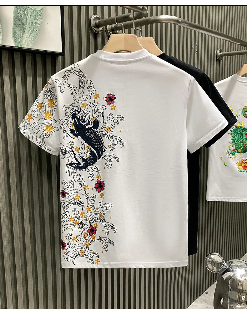 Trendy brand European-style Chinese koi short-sleeve T-shirt men's top