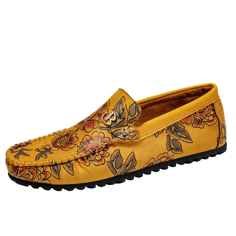 Rose Print Loafers Flats High Quality Suede Casual Shoes For Man