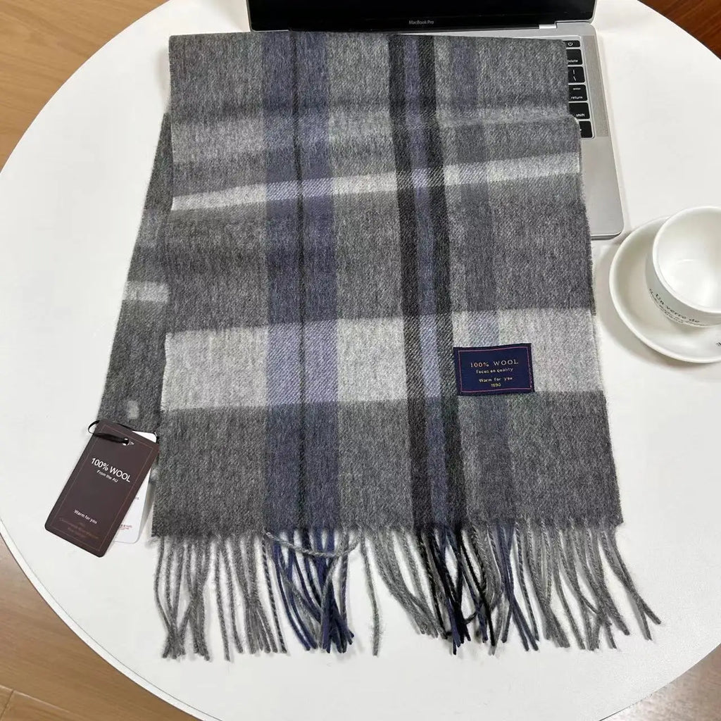 Men 100% Wool Plaid Muffler Cashmere Windproof Stripe Tassel Shaw Thick Scarf