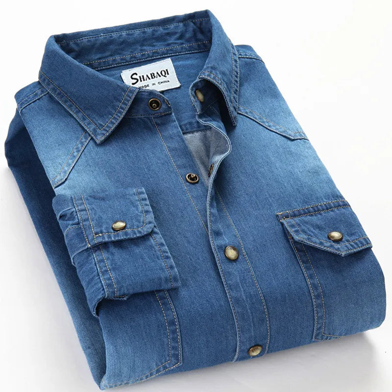 Double pocket button 100% cotton denim high quality men's long-sleeved shirt