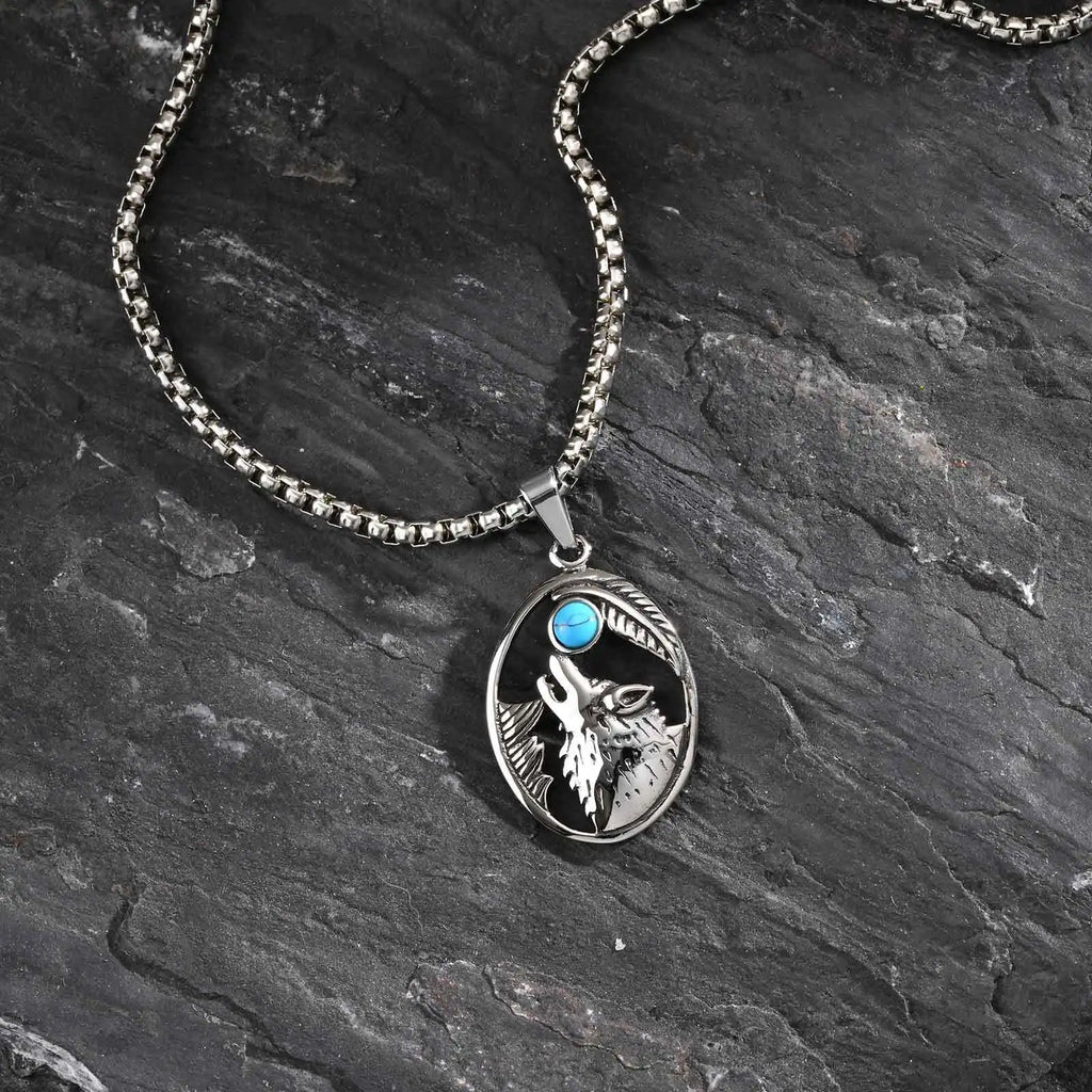 Wolf Head Oval Men's Sliver Stainless Steel Pendant with Turquoise Stone