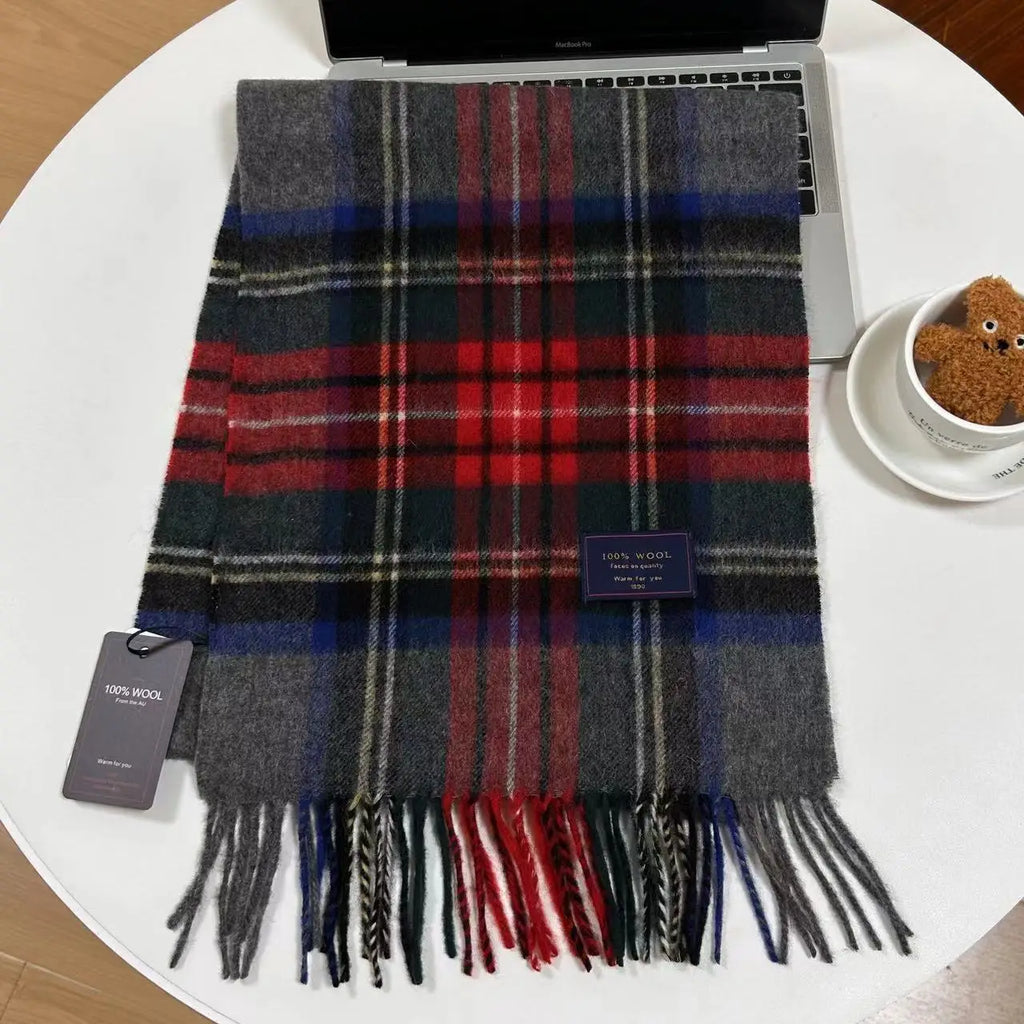 Men 100% Wool Plaid Muffler Cashmere Windproof Stripe Tassel Shaw Thick Scarf