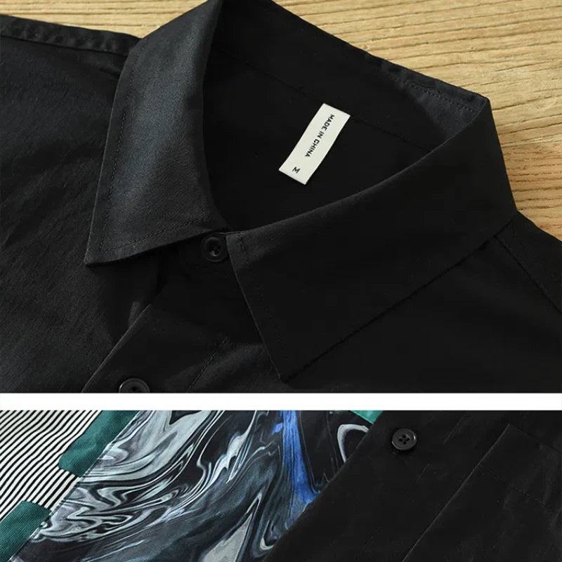 Men's Spliced Square Collar Button Printed Loose Minimalist Long Sleeve Shirts