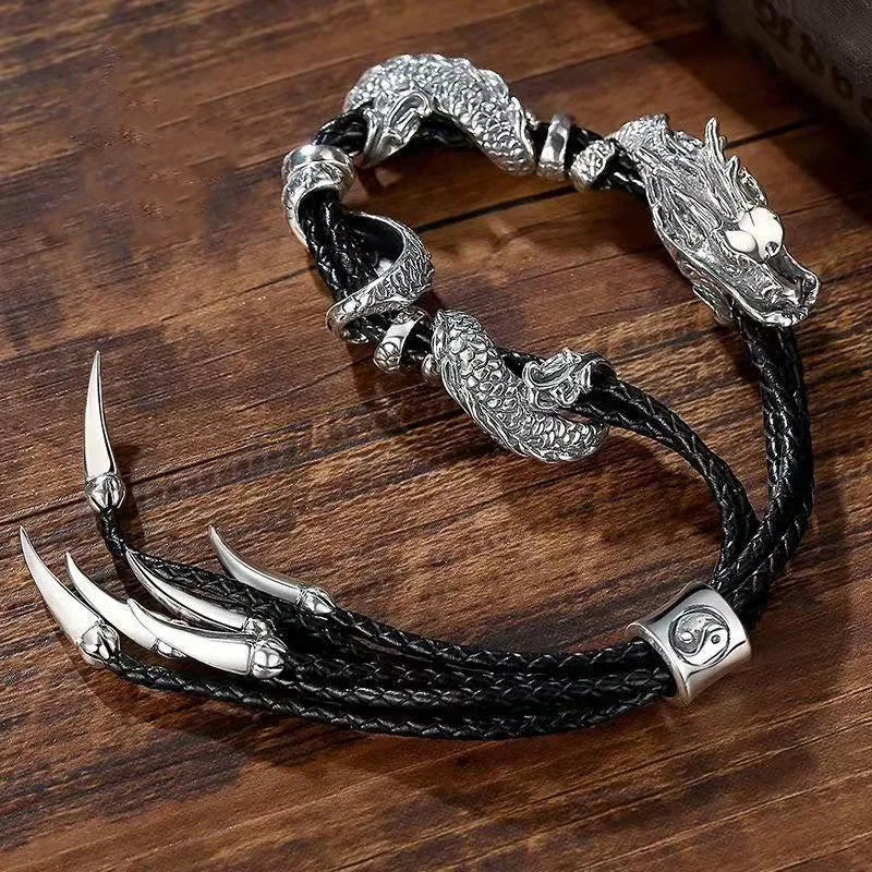 S925 Sterling Silver Vintage Dragon Entangle Leather Rope Exquisite Jewelry Men's Bracelet