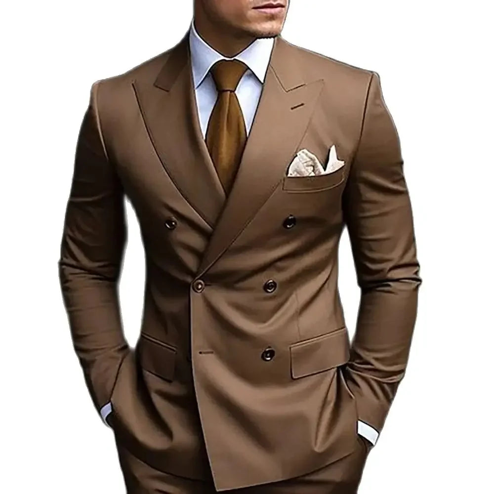 High Quality Brown Men's Bespoke Double Breasted Peaked Lapel Formal Slim Fit 2 Piece Suits