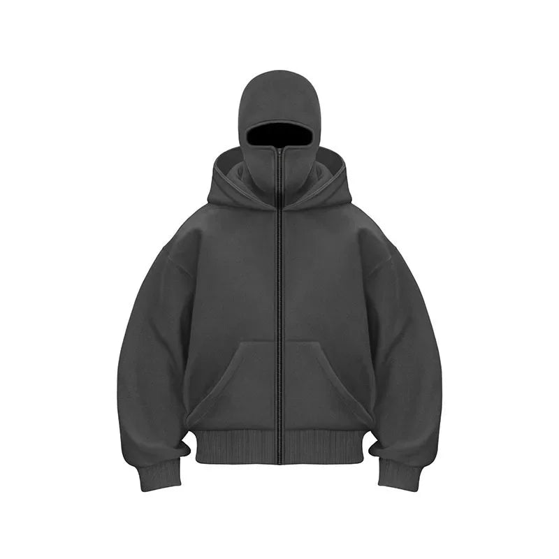 Men's Double Hat Mask Zipper Jacket Windproof Hoodie Outdoor Sweatshirt ﻿