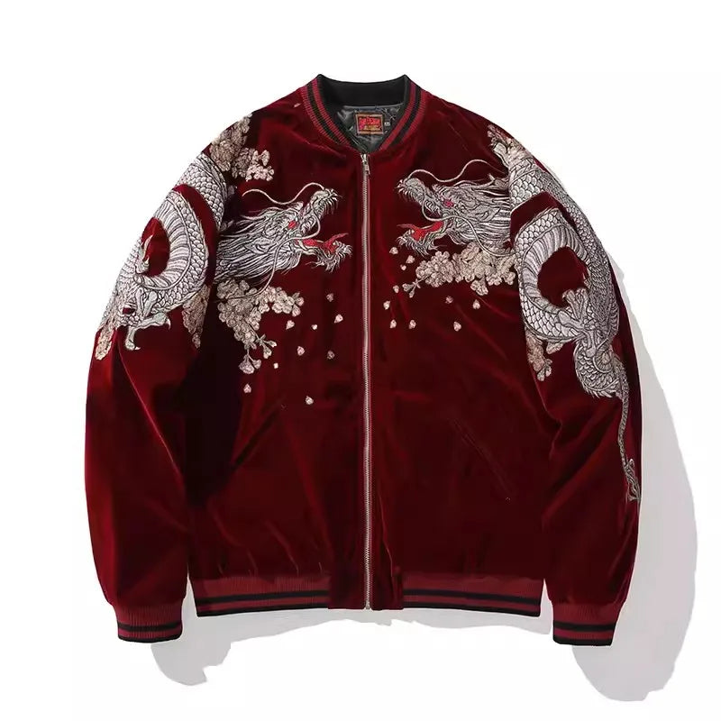 Men Sukajan  Jackets Coiled Dragon Peony Embroidered Loose Streetwear