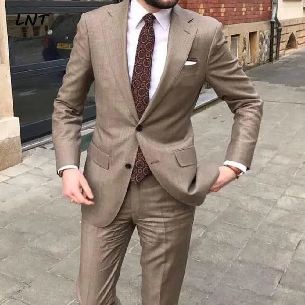 Slim Khaki Men Suits Two Pieces Notch Lapel Single Breasted Set